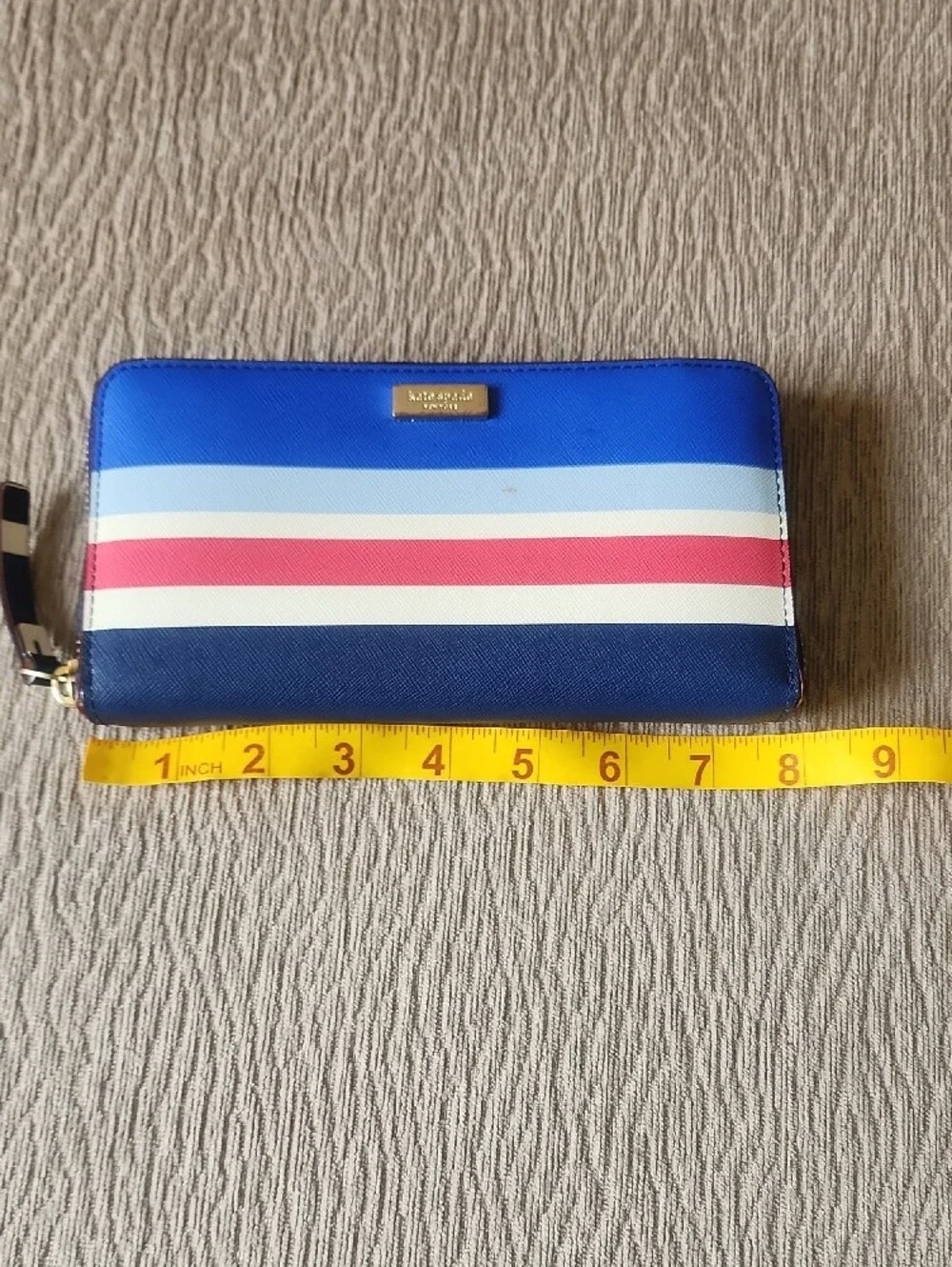 Kate Spade Blue, Light Blue, White & Red Striped Zip Wallet
